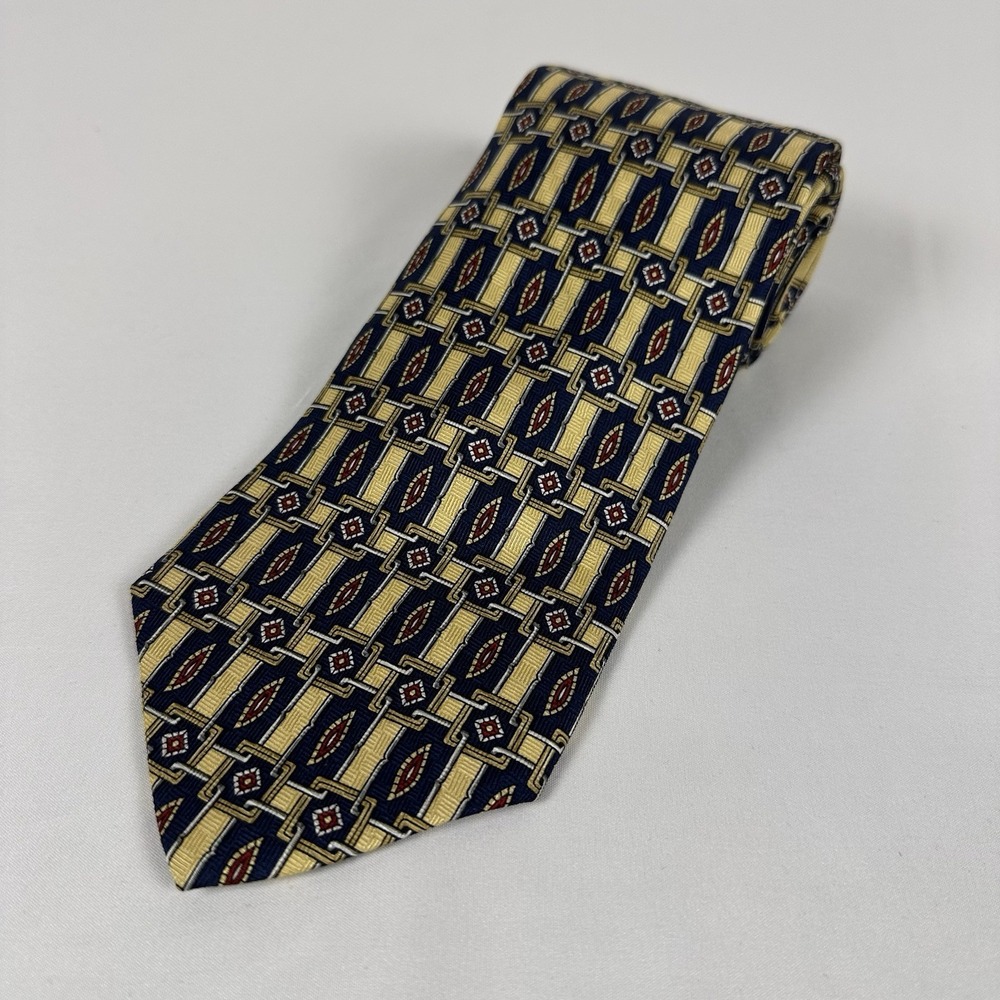 Geoffrey Beene Silk Tie Vintage Navy Gold Chain Link Geometric Made In USA 4" W